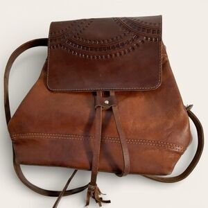 Vintage Bohemian Handcrafted Natural Tan Leather Backpack Purse Bag